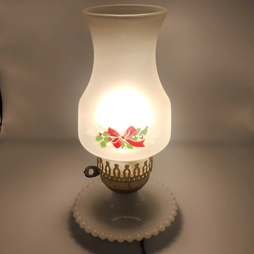 Leviton Vintage Christmas Hurricane Lamp Milk Glass Hobnail Frosted Holly Bow